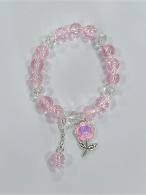 Pink Crystal Bead Bracelet with Flower Charm